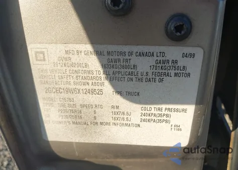 1999 Chevrolet Silverado 1500 Ls из США, поврежденный, VIN 2GCEC19W6X1249525